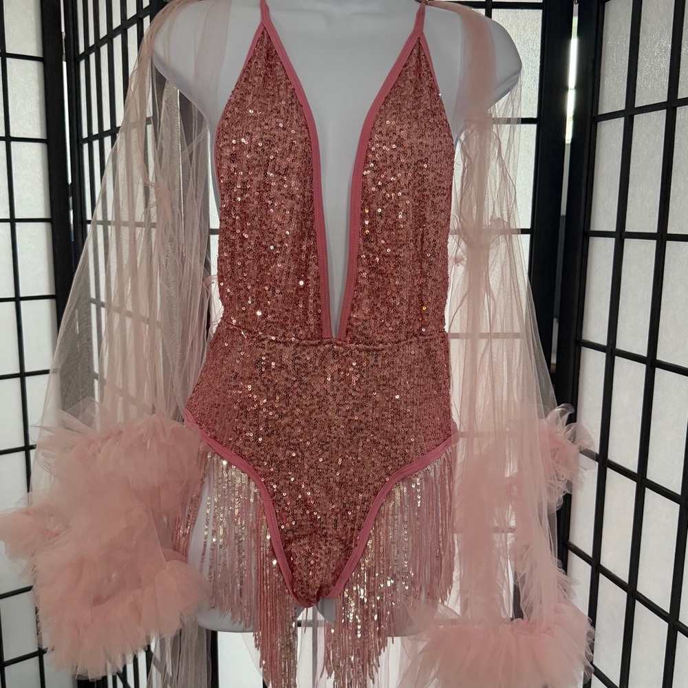 EastnWest Sequin Fringe Plunge Bodysuit with mesh/sheer robe